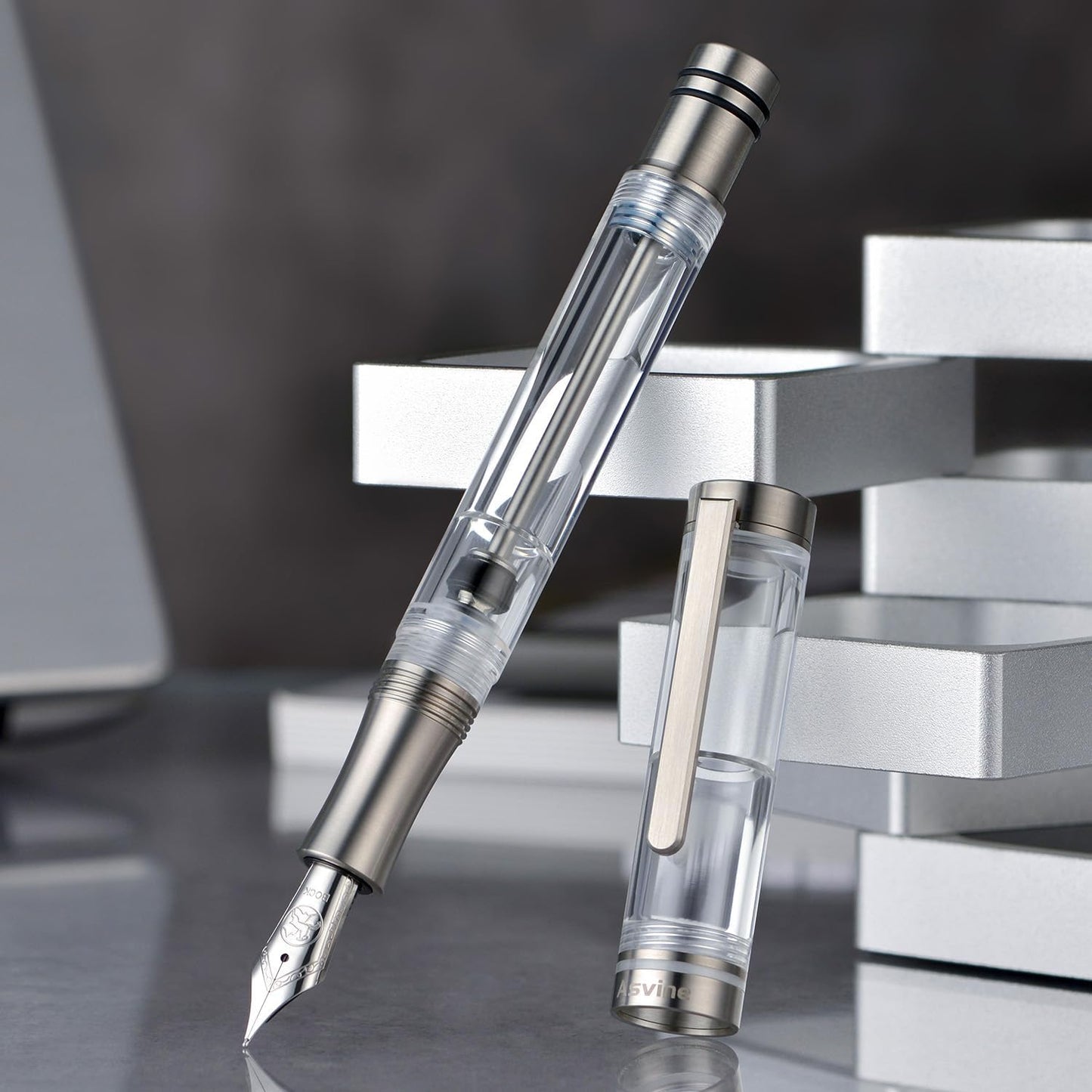 Asvine V200 Titanium Fountain Pen Vacuum Filling, Bock Broad Nib Clear Transparent Acrylic Smooth Writing Pen Case Set