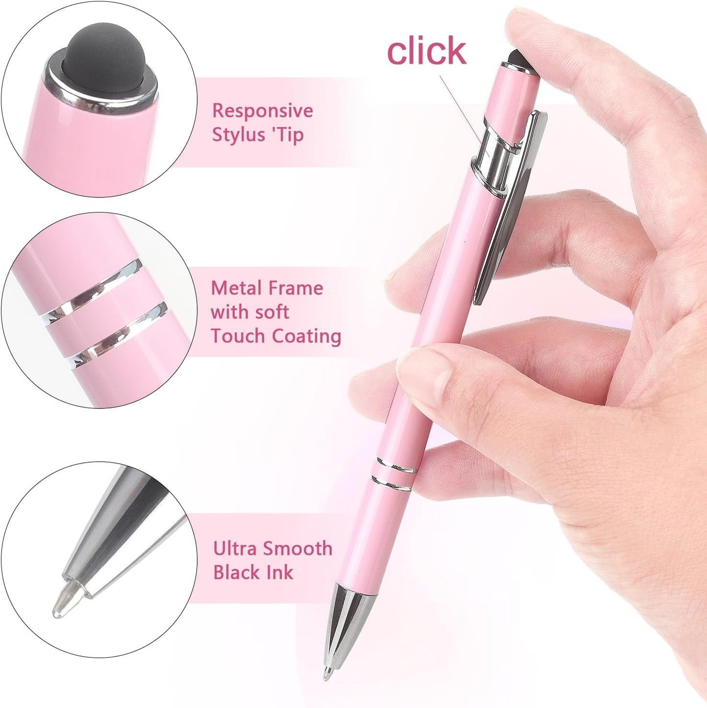 Ballpoint Pen 2-in-1 Stylus Retractable Ballpoint Pen with Stylus tip, Metal Stylus Pen for Touch Screens, 1.0 mm Black Ink (Pink)
