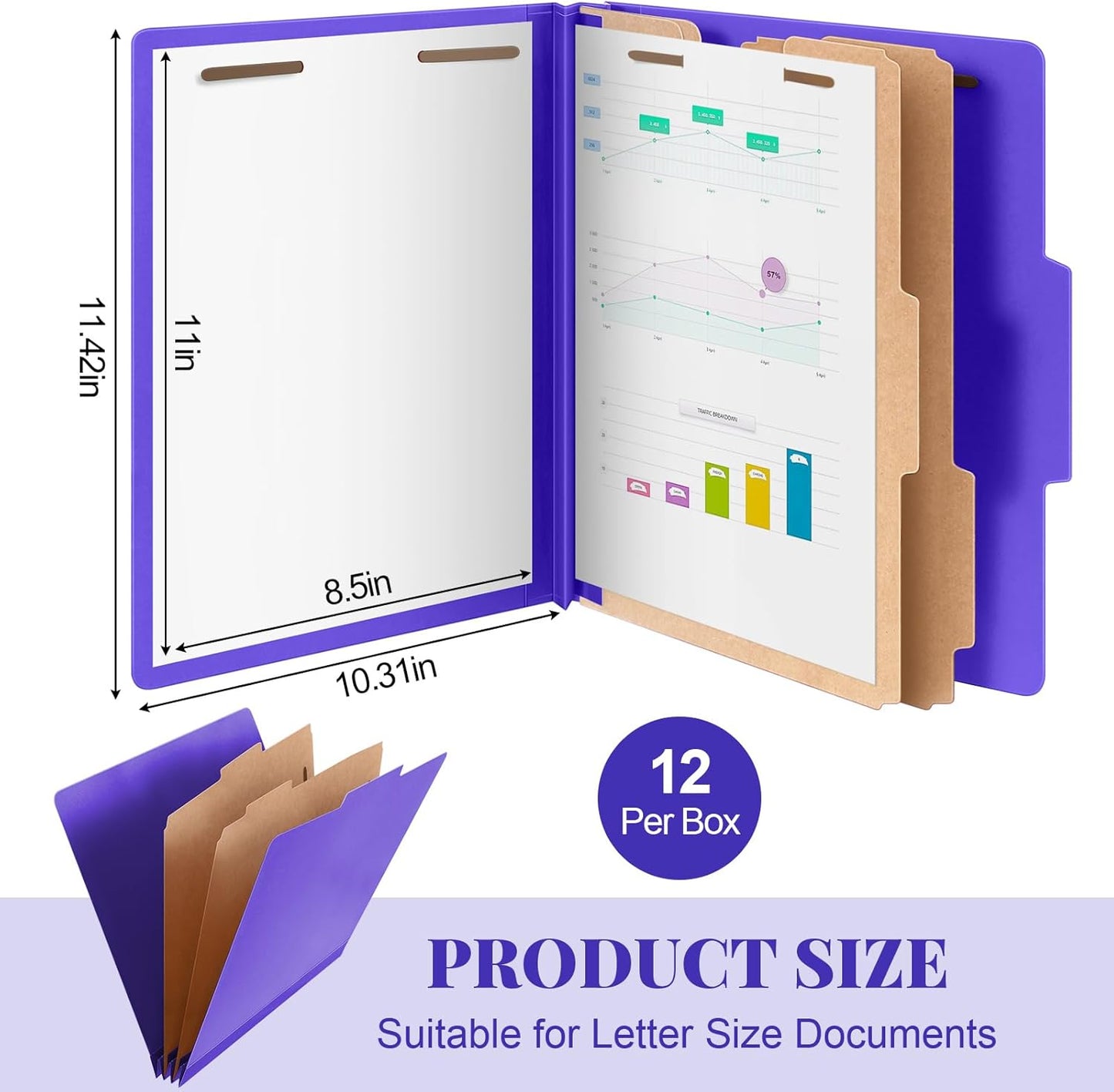 12 Pcs Classification Folders Letter Size Bulk - 2 Dividers Pressboard File Folder with 3. 5 Inch Expansion, 2 Prongs Fastener, Heavy Duty Office File Organizer for Teacher Medical (Purple)