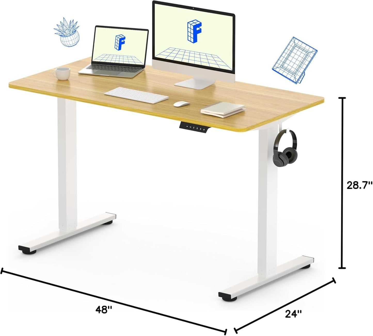 FLEXISPOT EN1 One Piece Standing Desk, 48 x 24 Inches Height Adjustable Desk Electric Stand up Desk Home Office Table for Computer Laptop (White Frame + Maple Desktop)