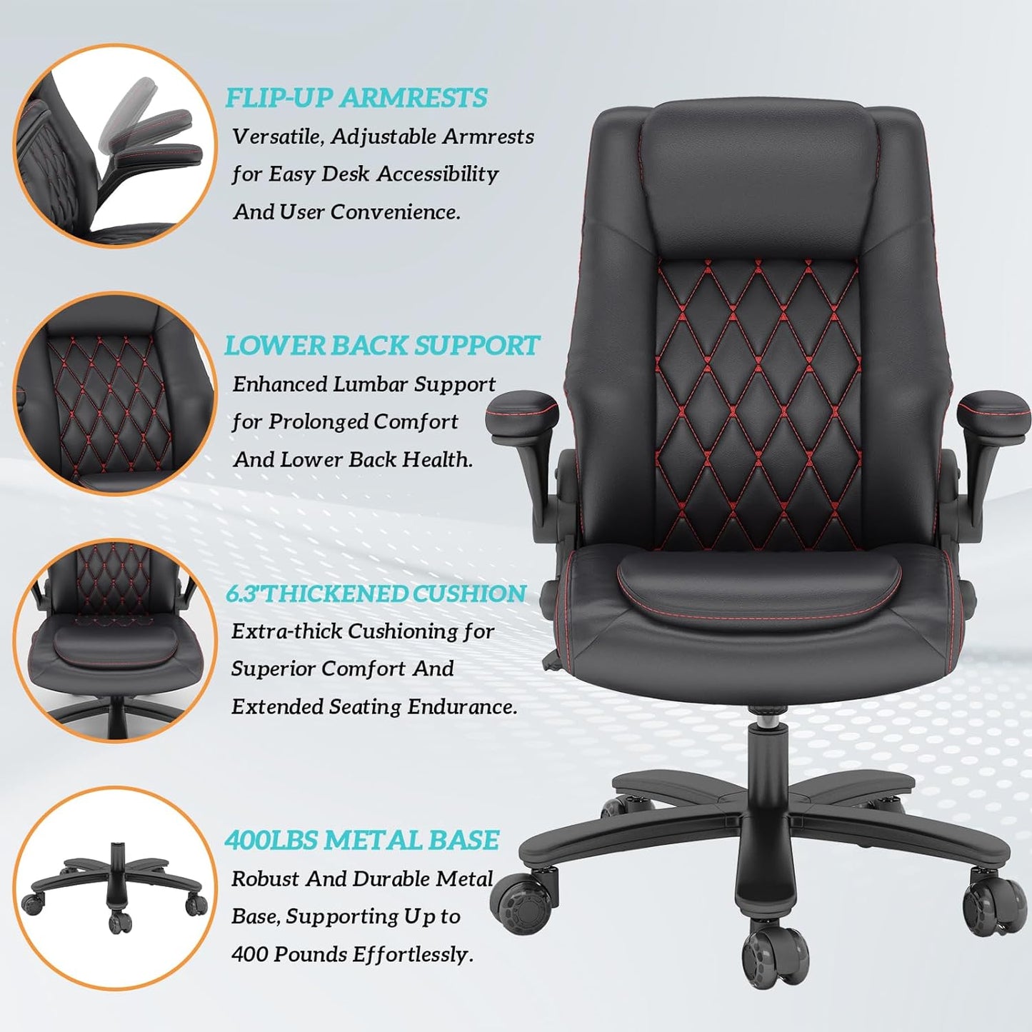 GYI High Back Executive Office Chair, Big and Tall Office Desk Chair 400LBS with Lumbar Support, Flip-up Armrests, Rubber Wheels, Black