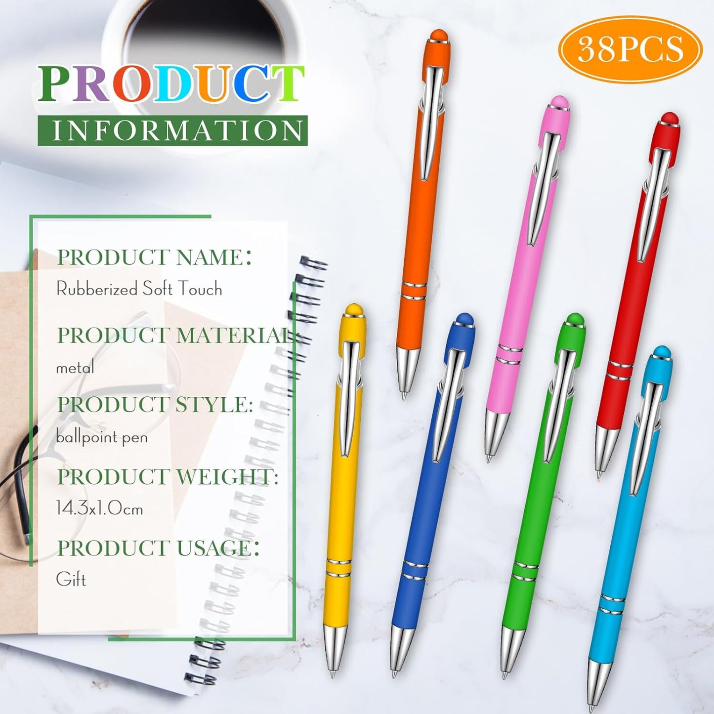 Zonon 38 Pieces Rubberized Ballpoint Pen with Stylus Tip Stylish Metal Pen Capacitive Styli with Soft Rubberized Grip, Black Ink for Most Devices(Chic Colors)