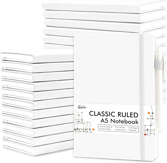 feela College Ruled Notebooks, 24 Pack Business Notebook Hardcover Lined Writing Journal with Pen Holder for Men Women Note Taking, with 24 Black Pens, 120 GSM, 5.1”x8.3”, A5, White