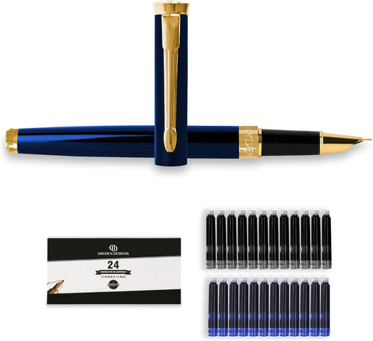 Dryden Designs Fine Nib Fountain Pen - Includes 24 Ink Cartridges - 12 Black and 12 Blue - Blue - Smooth Elegant Writing with Fine Nib and Ink Converters