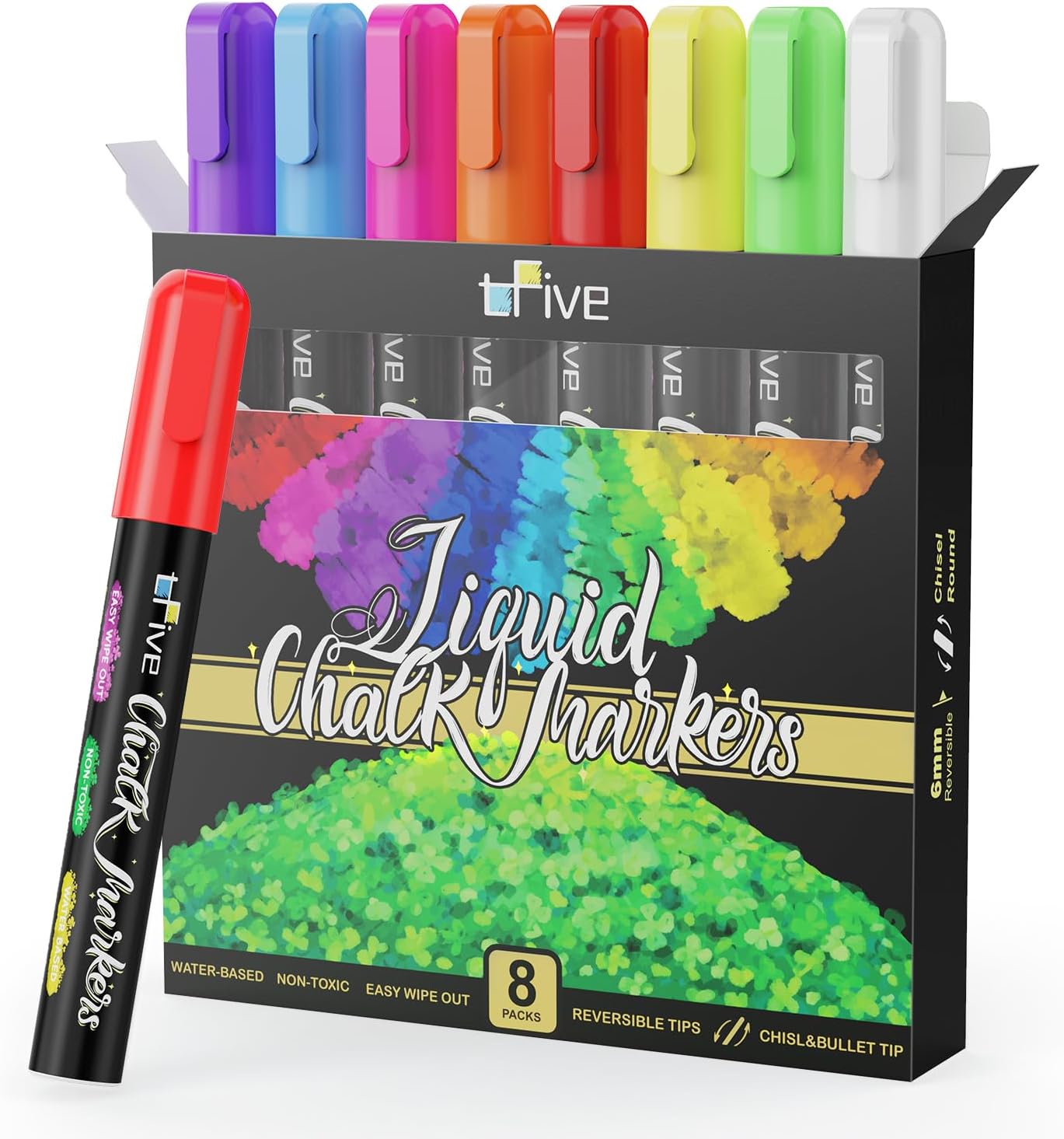 TFIVE Chalk Markers - 8 Color Chalk Pens and 24 Labels - Dry & Wet Erase, Reversible Tip, for Chalkboards, Signs, Windows, Blackboard, Glass, Mirrors, Liquid Chalk
