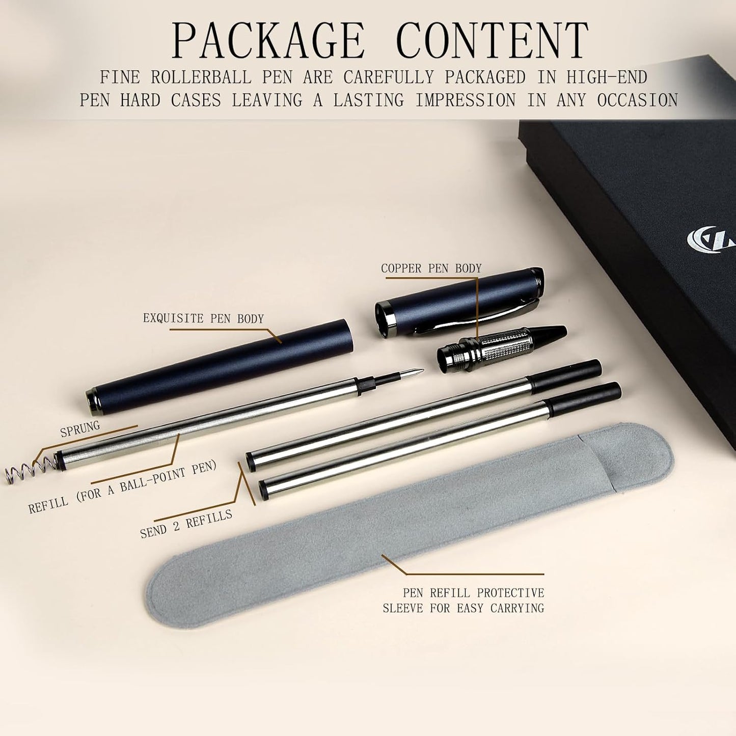 Liquid Ink Rollerball Pen,Luxury pen,Nice pen Metal pen Smooth writing stylish design effortless writing,fancy pens with gift case metal pen for Men & Women with 2 Refills-Blue