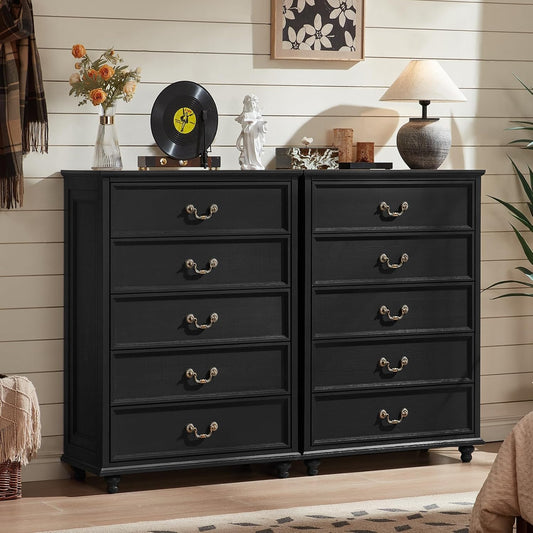 Farmhouse 5 Drawer Dresser Set of 2 for Bedroom, 45" Tall Rustic Chests of Drawers w/ 4 Solid Wood Feet, Vintage Mid Century Wooden Closet Storage Dressers Organizer for Living Room, Black