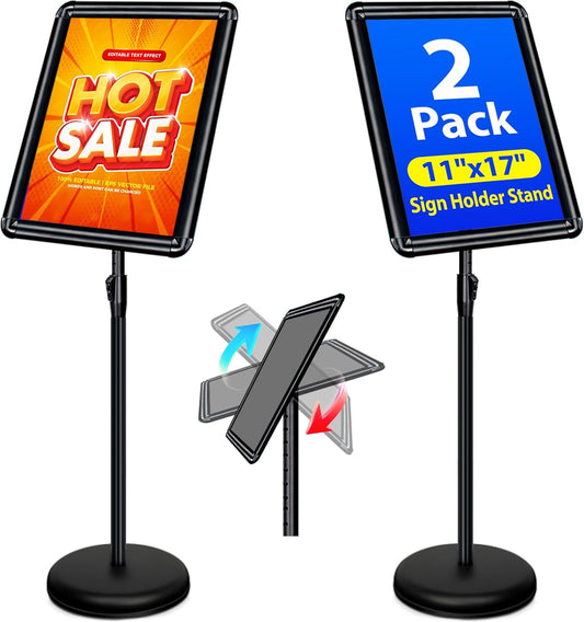 2-Pack 11x17 Inch Adjustable Sign Stand & Floor Standing Sign Holder - Pedestal Poster Stand with Vertical & Horizontal View Display for Indoor/Outdoor Business & Store Signage (Black)
