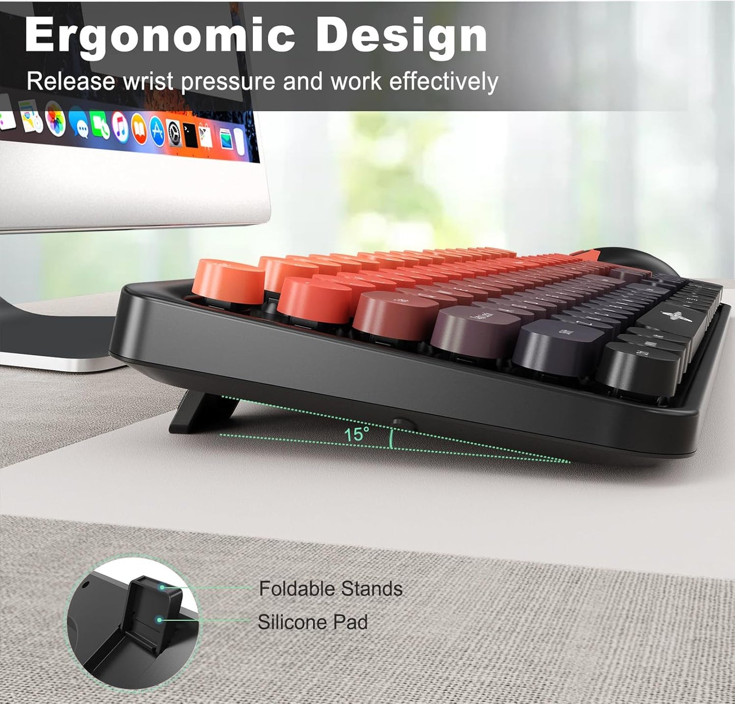 FOPETT Wireless Keyboard and Mouse Combo, 104 Keys Full-Sized 2.4 GHz Round Keycap Colorful Keyboards, USB Receiver Plug and Play, for Windows, Mac, PC, Laptop, Desktop (BlackOrange)