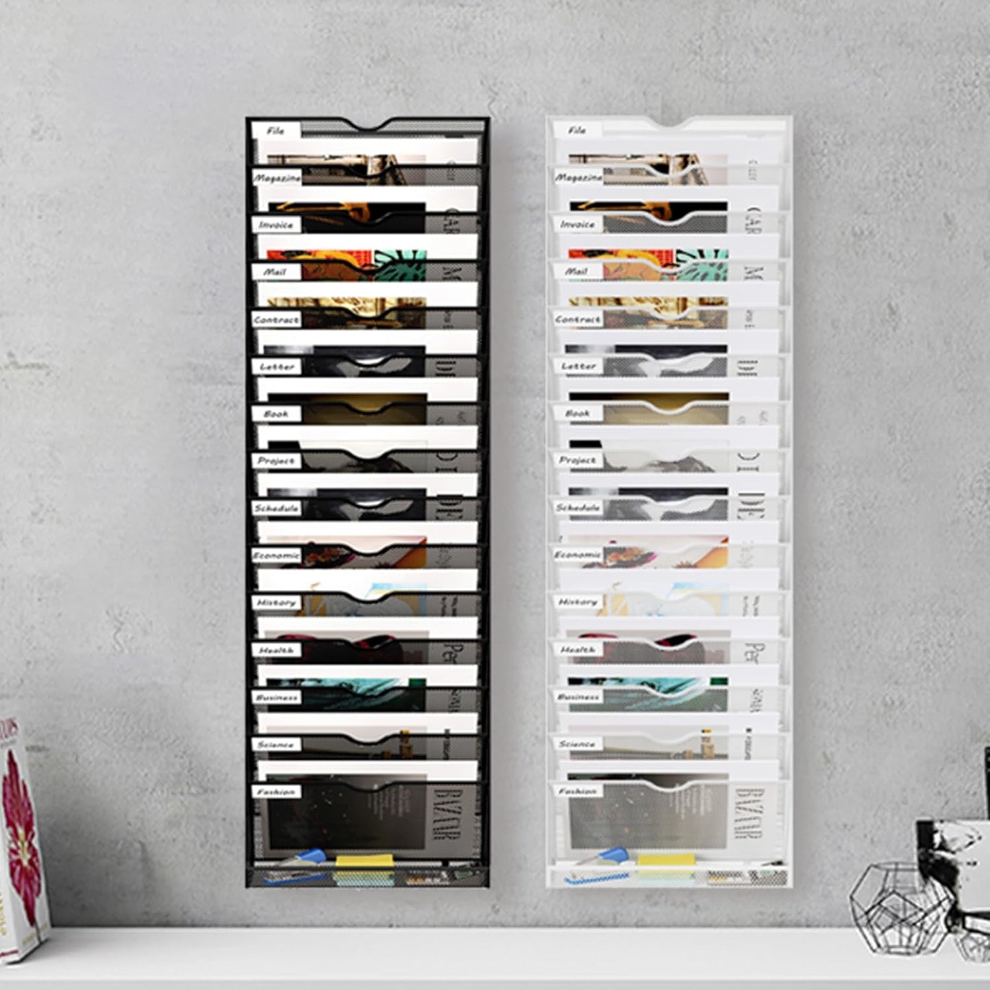 16 Tier Hanging Wall File Holder, Metal A4 Wall Mounted Document Holder, Vertical Hanging Mail Organizer, Magazine Storage Rack with Tray for Office Home Classroom, White