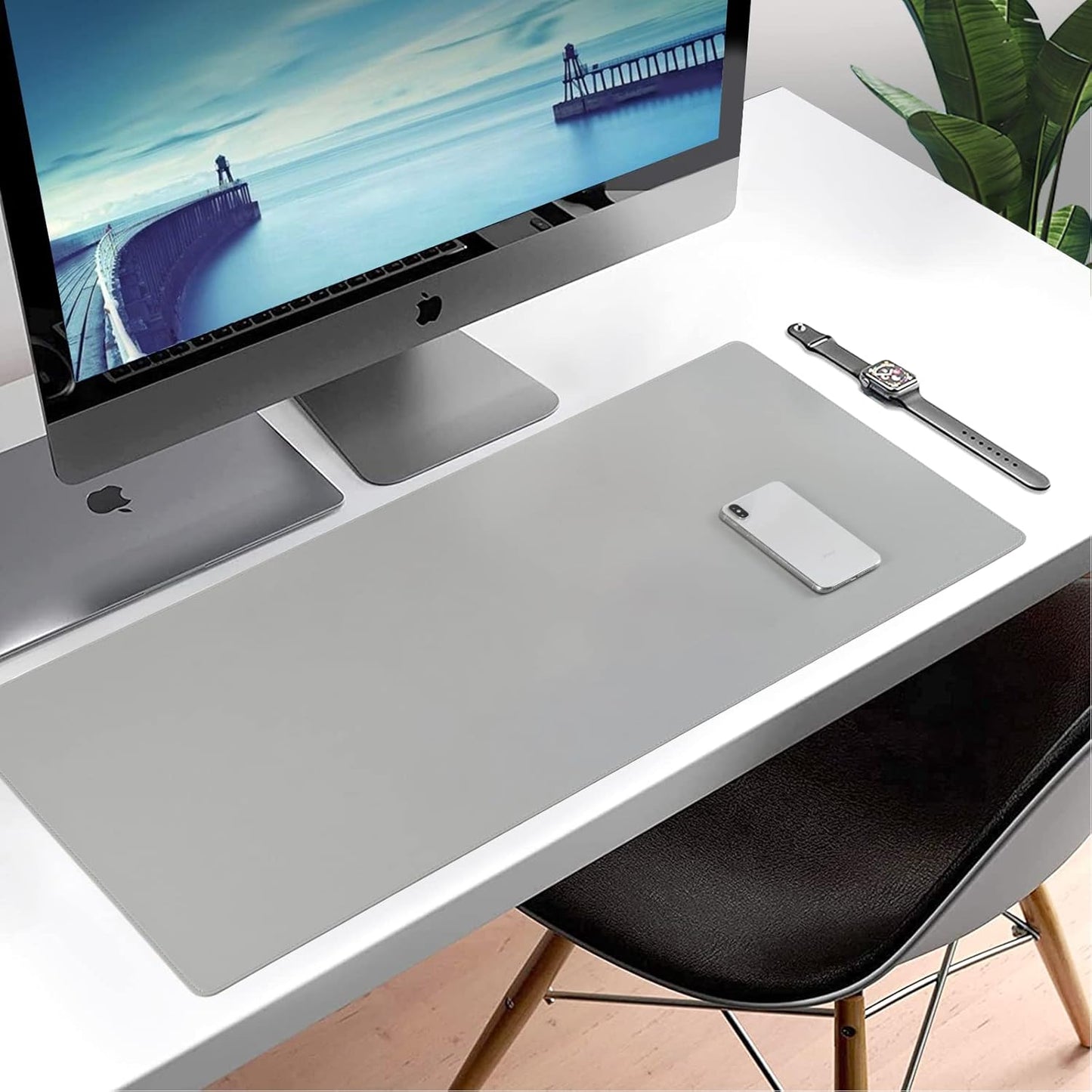 PU Leather Desk Pad Blotter,Light Grey Waterproof Office Desktop Mat,36x17in Non-Slip Large Mouse Pad/Writing Protector/Desk Accessories