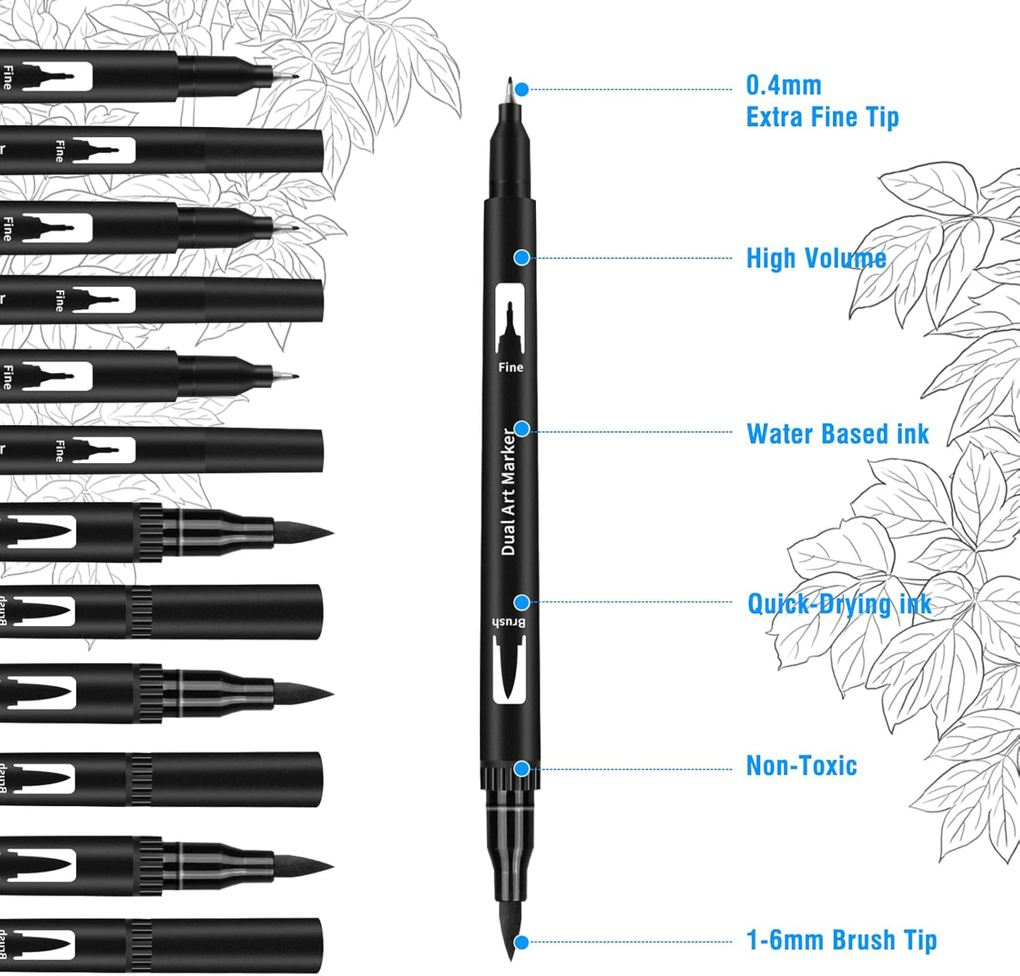 Black Drawing Pens, 12 Pack Dual Tip Brush Pens - Fine Liner & Brush Markers for Sketching, Calligraphy, Journaling - Water-Based, Quick-Drying Ink - Ideal for Artists, Adults & Kids