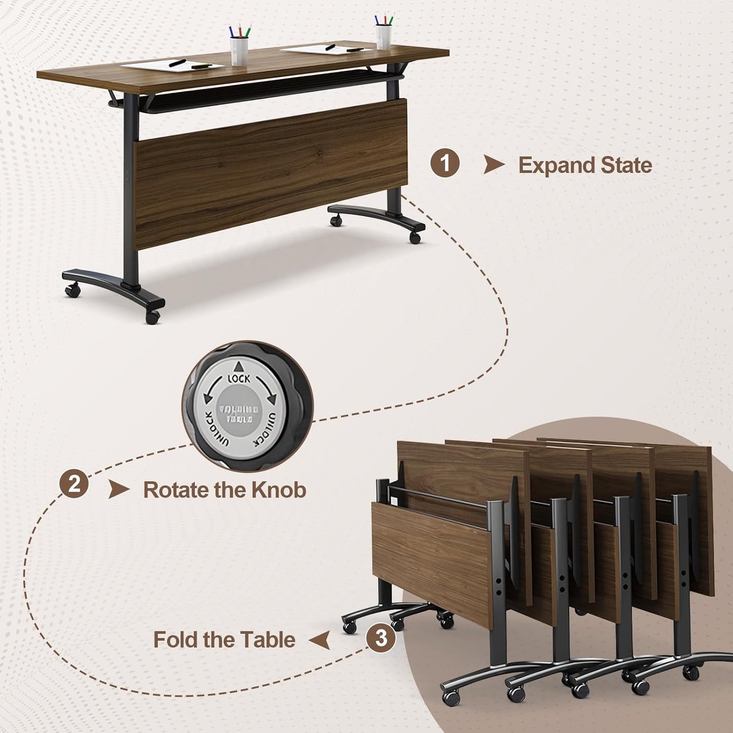 Folding Conference Room Table, Modern Conference Tables with Wheels, Large Rectangular Mobile Training Tables for Office Classroom, Foldable Modular Boardroom Seminar Table Walnut (8pack L47.2in)