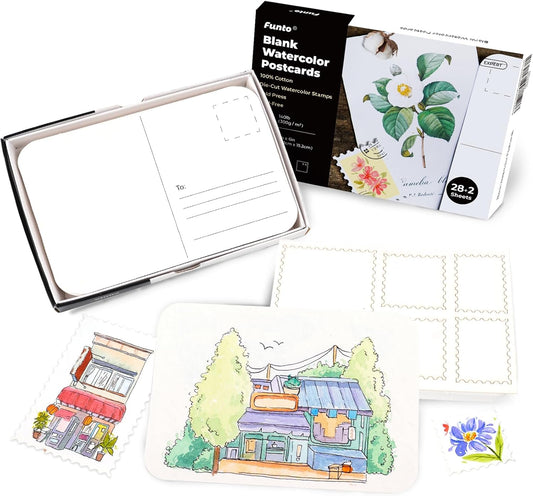 Funto Blank Watercolor Paper Postcards, 100% Cotton, 28 Cards+2 Watercolor Stamps, 4x6, 140lb/300gsm, Acid-Free Heavyweight for Thanks
