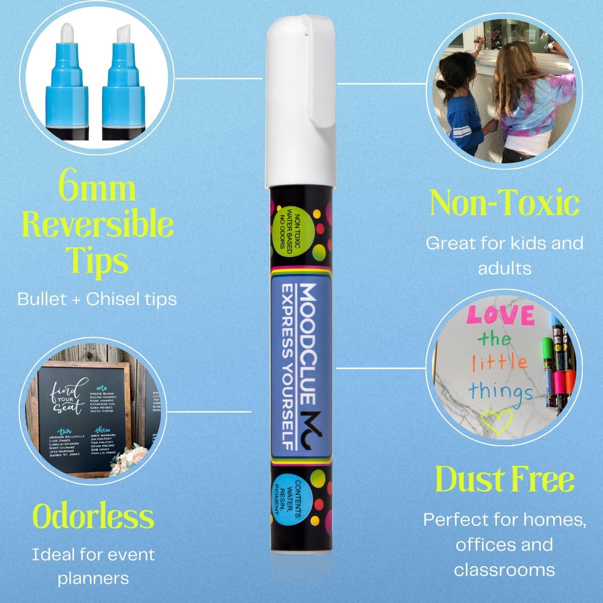 Liquid chalk markers 12 neon erasable Whiteboards, glass boards, chalkboards, windows, mirrors, car windshields, auto, glass. Odorless, non-toxic. Wet or dry erase. Thick and thin tip
