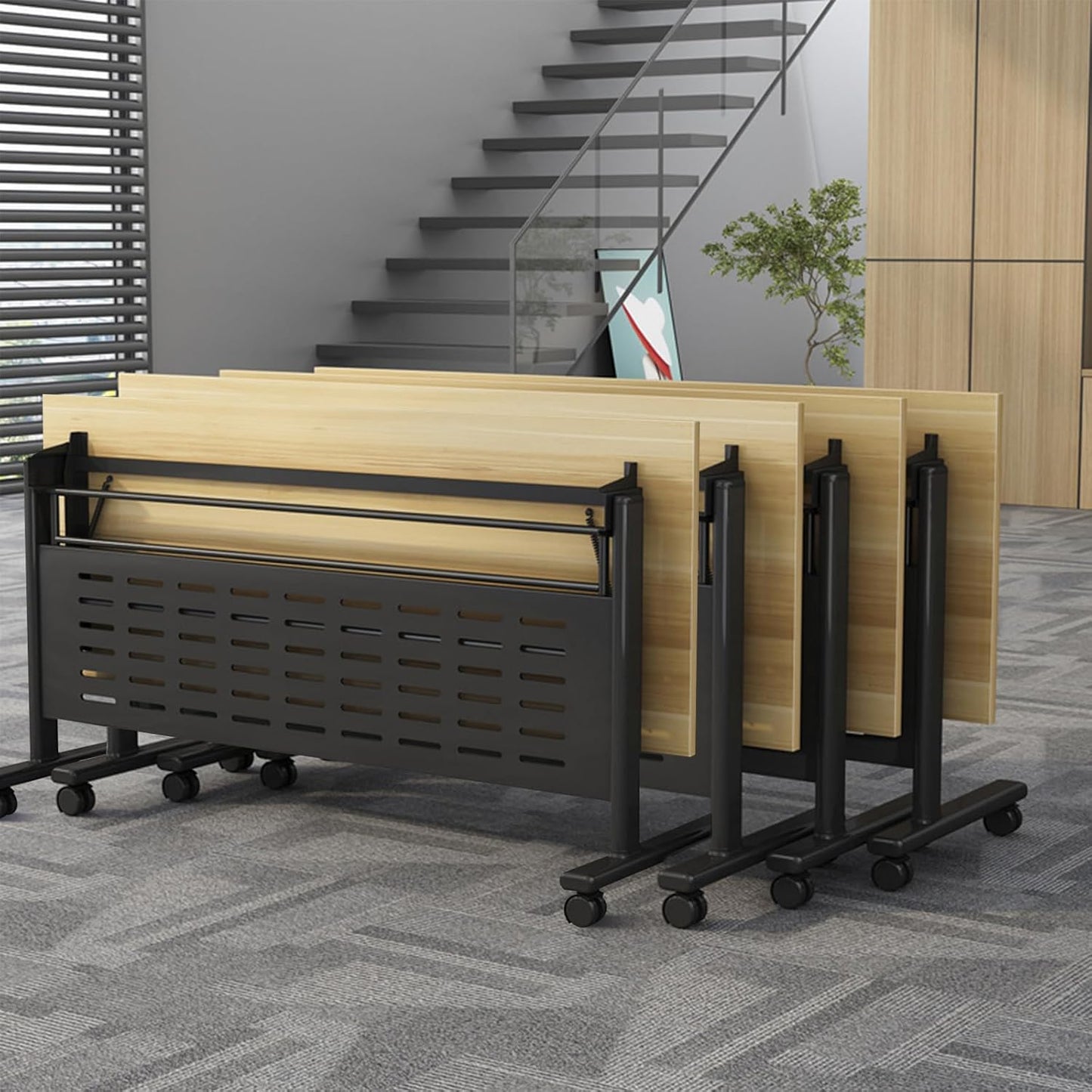 Foldable Conference Table, Folding Conference Room Table with Wheels, Flip Top Mobile Training Table, Rolling Seminar Meeting Table for Office Training Room Classroom (2pack 55.1in)