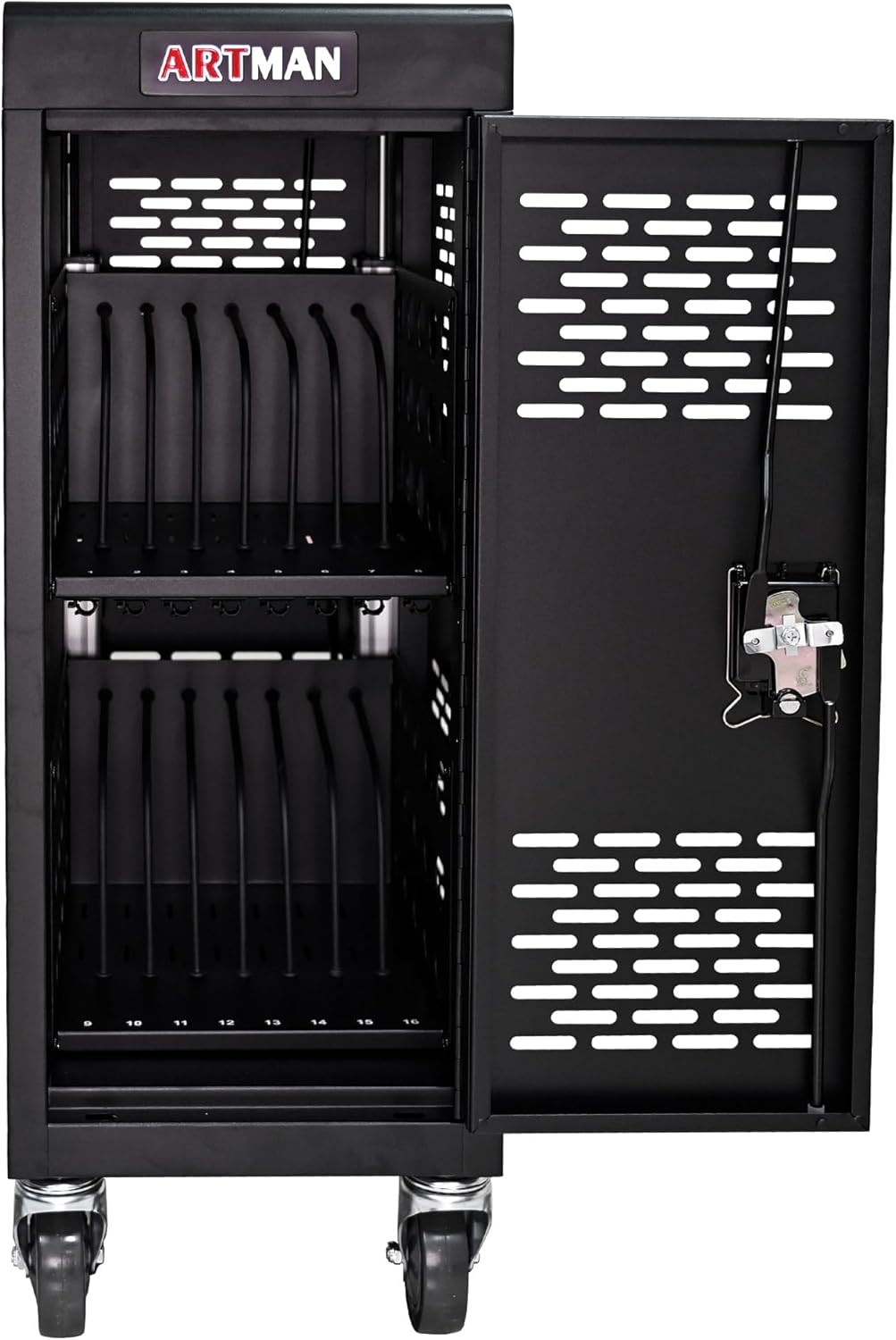 16 Device Charging Cart for Laptop Up to 16.3-inch Screen, Mobile Charging Station and Tablet Storage Cart for iPad, Chromebooks with Cord Organizer, Black