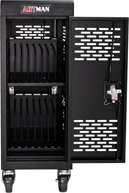 16 Device Charging Cart for Laptop Up to 16.3-inch Screen, Mobile Charging Station and Tablet Storage Cart for iPad, Chromebooks with Cord Organizer, Black