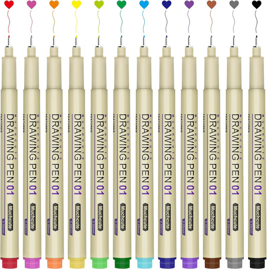 Muchcute 01 Micro Fineliner Drawing Art Pens: 12 Colors 0.25mm Extra Fine Point Bible No Bleed Smooth Journal Zentangle Study Supplies Colored Waterproof Line Ultra Needle Tip Fine liner Thin Gel Felt