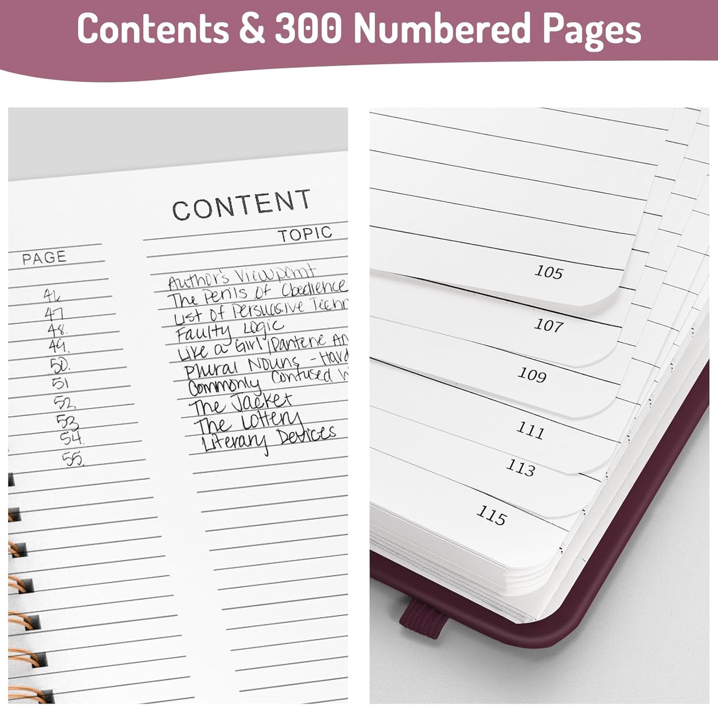 Forvencer Lined Spiral Journal Notebook with 300 Numbered Pages, B5 College Ruled Thick Journals for Writing with 100GSM Paper, Hardcover Notebooks with Contents for Work, School, Women, Men, Burgundy