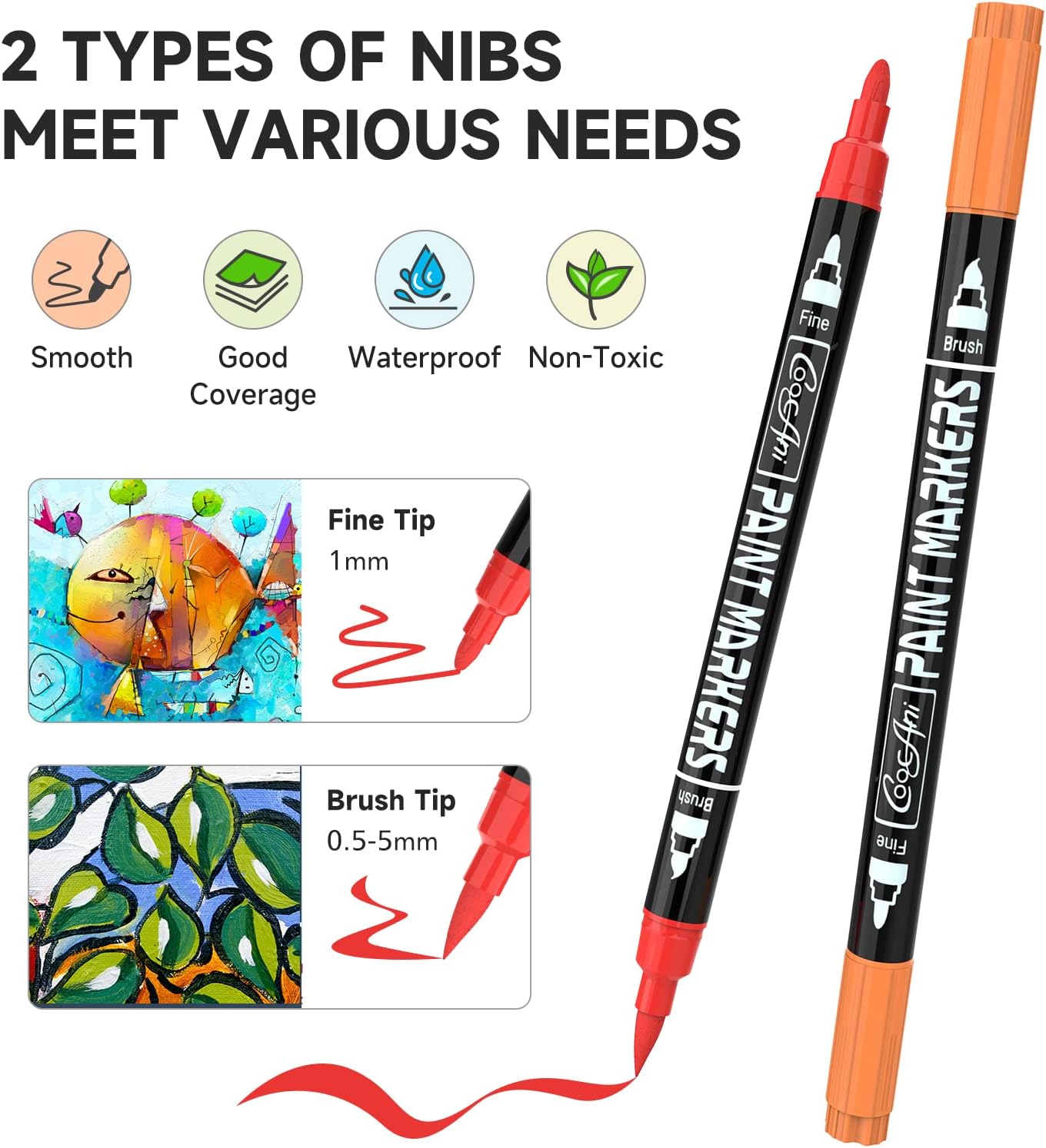 20 Colors Acrylic Paint Pens, Water-based Paint Markers for Wood,Canvas, Glass, Ceramic, Roch Painting,DIY Crafts, Art Supplier (20 Corlors(Brush and Fine Nib))