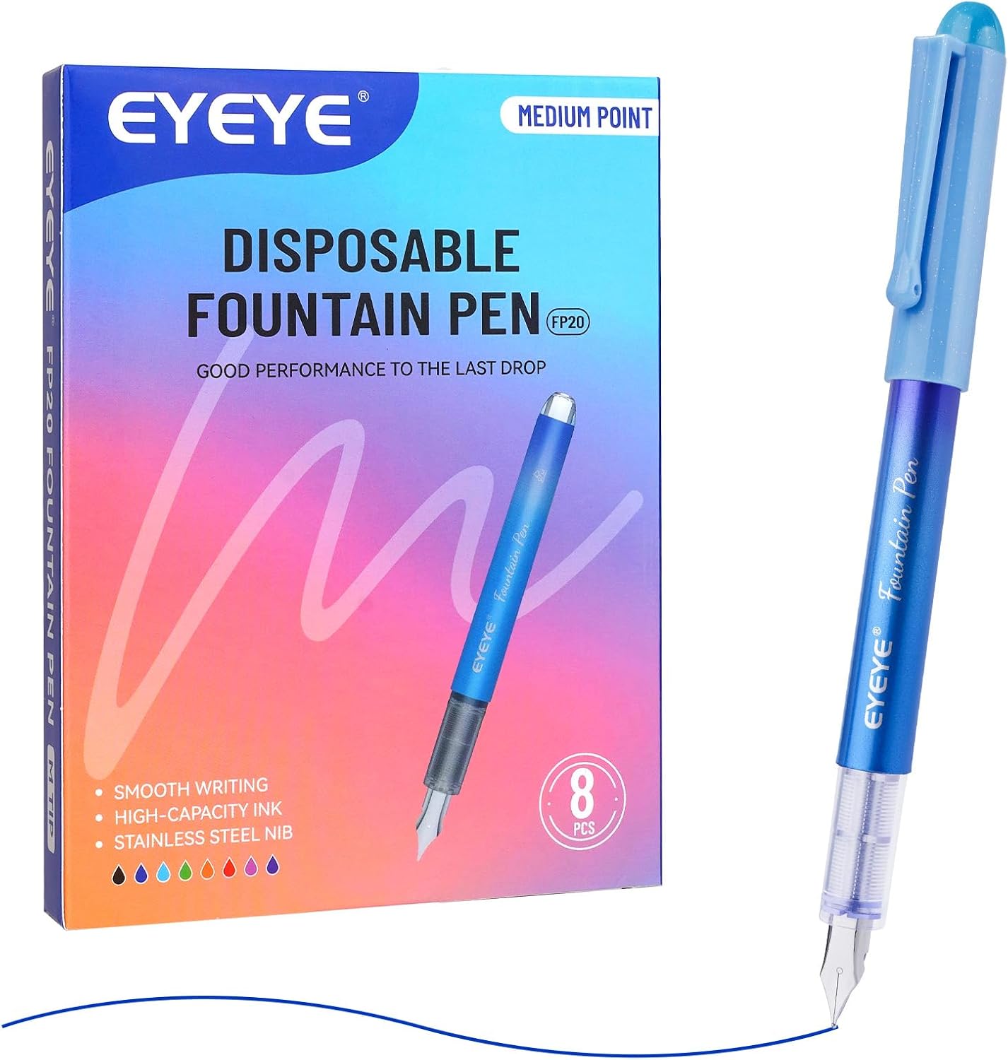 EYEYE Disposable Fountain Pens for Writing, Medium Point Stainless Steel Nib, Pack of 8 Assorted Colors
