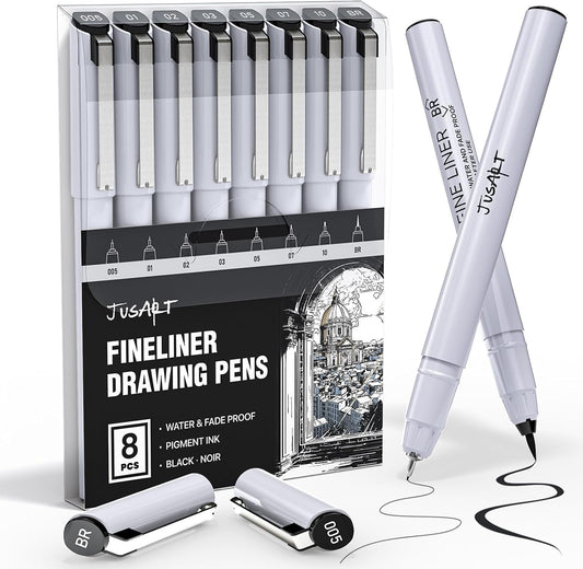 JusArt Fineliner Pens, 8 Size, Ultra Fine, Fine & Brush, Waterproof Black Pigment Ink Drawing Pens for Illustration, Sketching, Writing, Journaling, Bible Notes, Technical Drawing pens