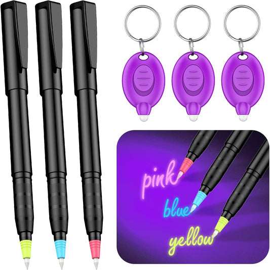Uniclife 3 Pcs Invisible Ink Pen with 3 Pcs UV LED Keychain Flashlight, Spy Pen, Disappearing Ink Magic Pen for Secret Notes, Magic Spy Marker with Purple Light for Christmas Halloween Holiday Present