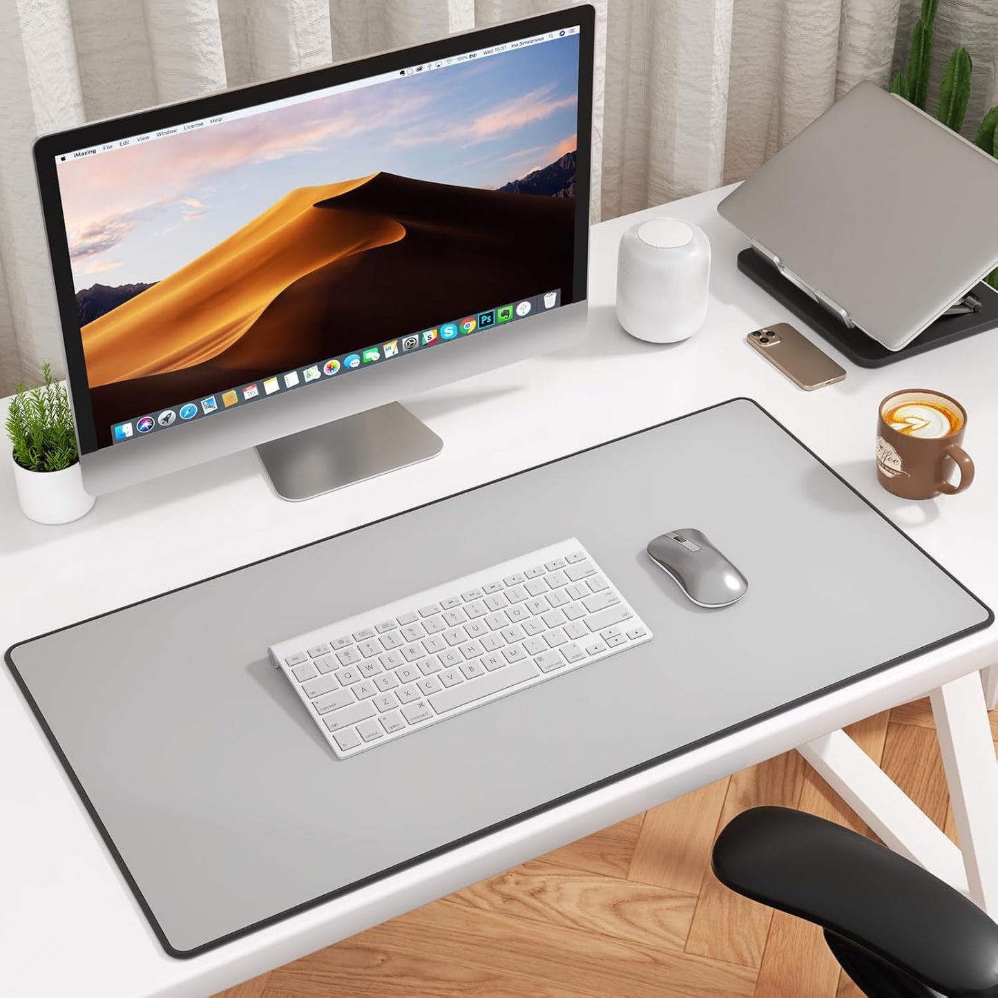 KTRIO Large Gaming Mouse Pad with Stitched Edges, Extended Mousepad with Superior Micro-Weave Cloth, Non-Slip Base, Water Resist Keyboard Pad for Gamer, Office & Home, 31.5x15.7in, Silver Grey