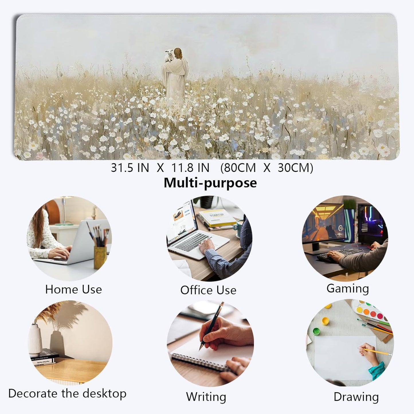 Christian Themed Mouse Pad,Jesus Religious Mouse Pad,Large Vintage Easter Decor Desk Mat,Jesus Find The Lost Lamb,White Floral Desk Mat,Religious Gifts Christian Gifts for Women,31.5x11.8