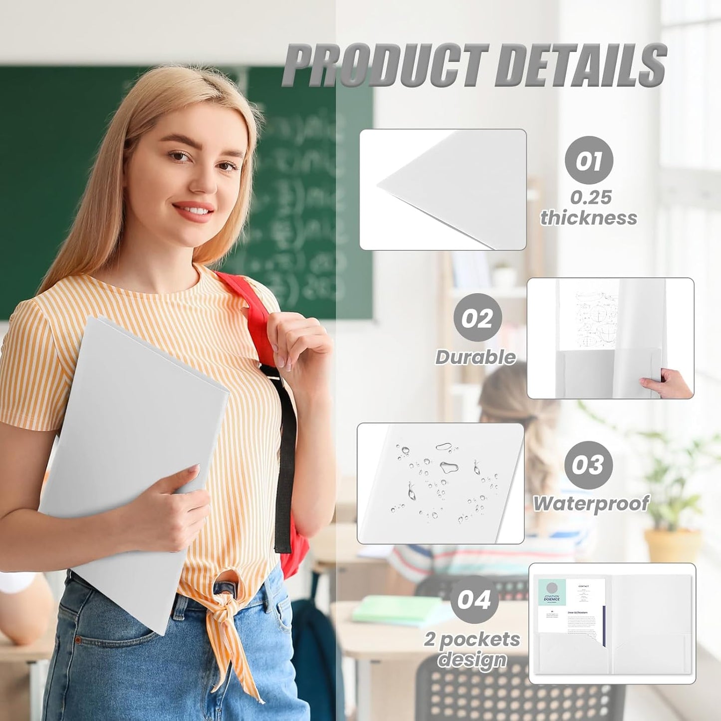 Gueevin 24 Pcs Plastic Folders with Pockets, Back to School Two Pocket Folder Fit Letter Size, Heavy Duty School Business Card Holder for Home Office, 11. 61 x 9. 45 Inches (White)