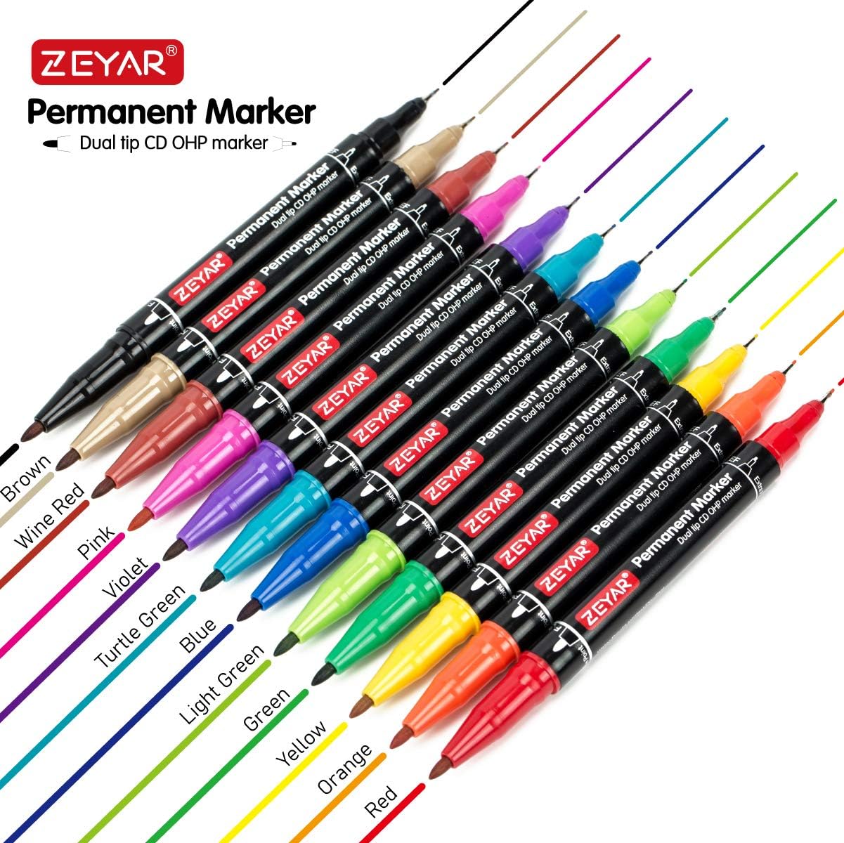 ZEYAR Twin Tip Permanent Markers, CD/DVD Markers, 12 Color, Ultra Fine Point and Fine Point for Signature and Marking (12 Colors)