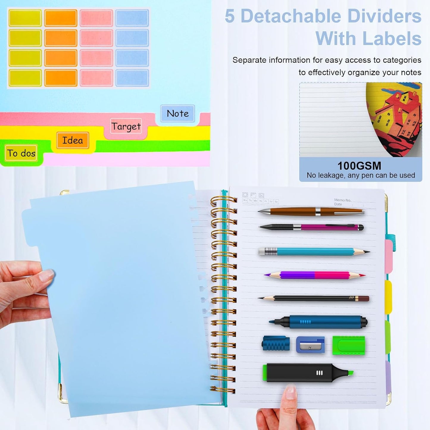 Hardcover Spiral Notebook 8"x10" Journal Notebook with Tabs and Removable Dividers 300 Pages 5 Subject Notebook College Ruled, Faux Leather Spiral Bound Notebook for Women, Students, School Work (Lake Blue)