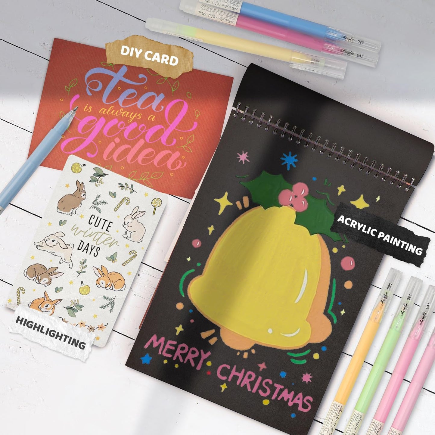 24 Colors 3D Acrylic Gel Pens & Black Paper Sketchbook for Drawing, 1mm Fine Point Acrylic Ink Pen, Opaque Archival Dull Ink Pens for Black Paper Drawing, Sketching, Illustration, Card Making