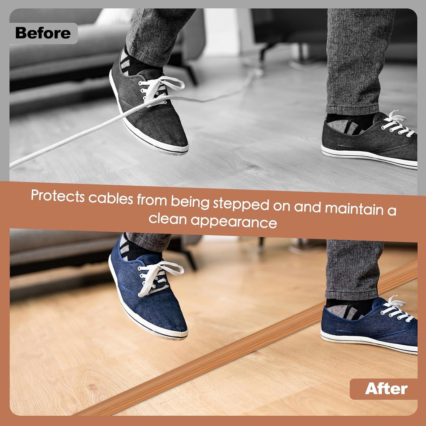 Floor Cord Cover for Wires on Floor Self Adhesive Cord Hider Floor Cable Management Wire Covers for Cords Protector Prevent Cable Trips Cord Cavity W 0.32" x H 0.32", Brown Wood, 10Ft