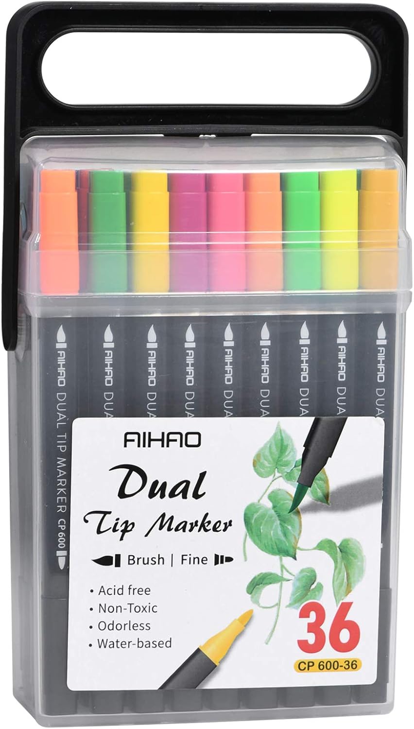 AIHAO Markers for Kids,Dual Tip Markers Set, Brush & Fine Tips, 36 Pack, Super Washable Marker With Stand Portable Box, Coloring, Doodling, Sketching, Art Supplies for Drawing, Journaling