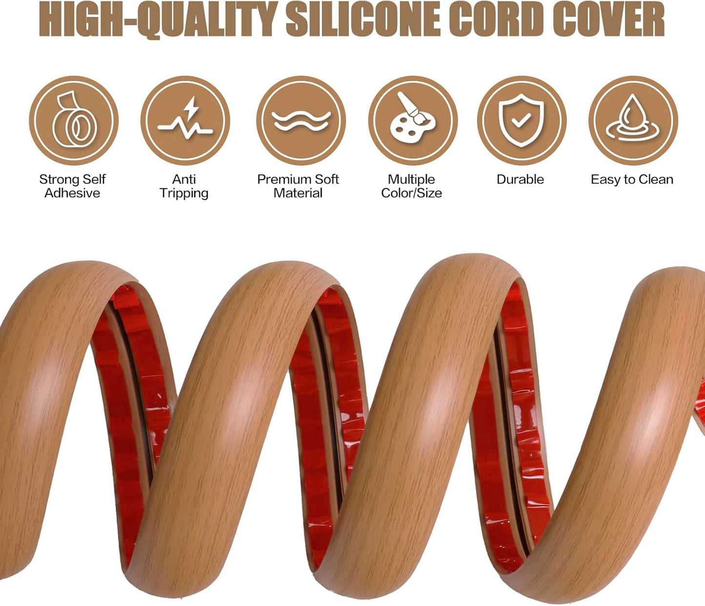 Floor Cord Cover Self Adhesive Cord Hider,3.3FT Cable Management, Extension Strip Protector for Wires, Prevent Cable Trips for Offices, Gyms, Exhibitions Cavity:0.3"(W) x 0.28"(H) Brown Wood