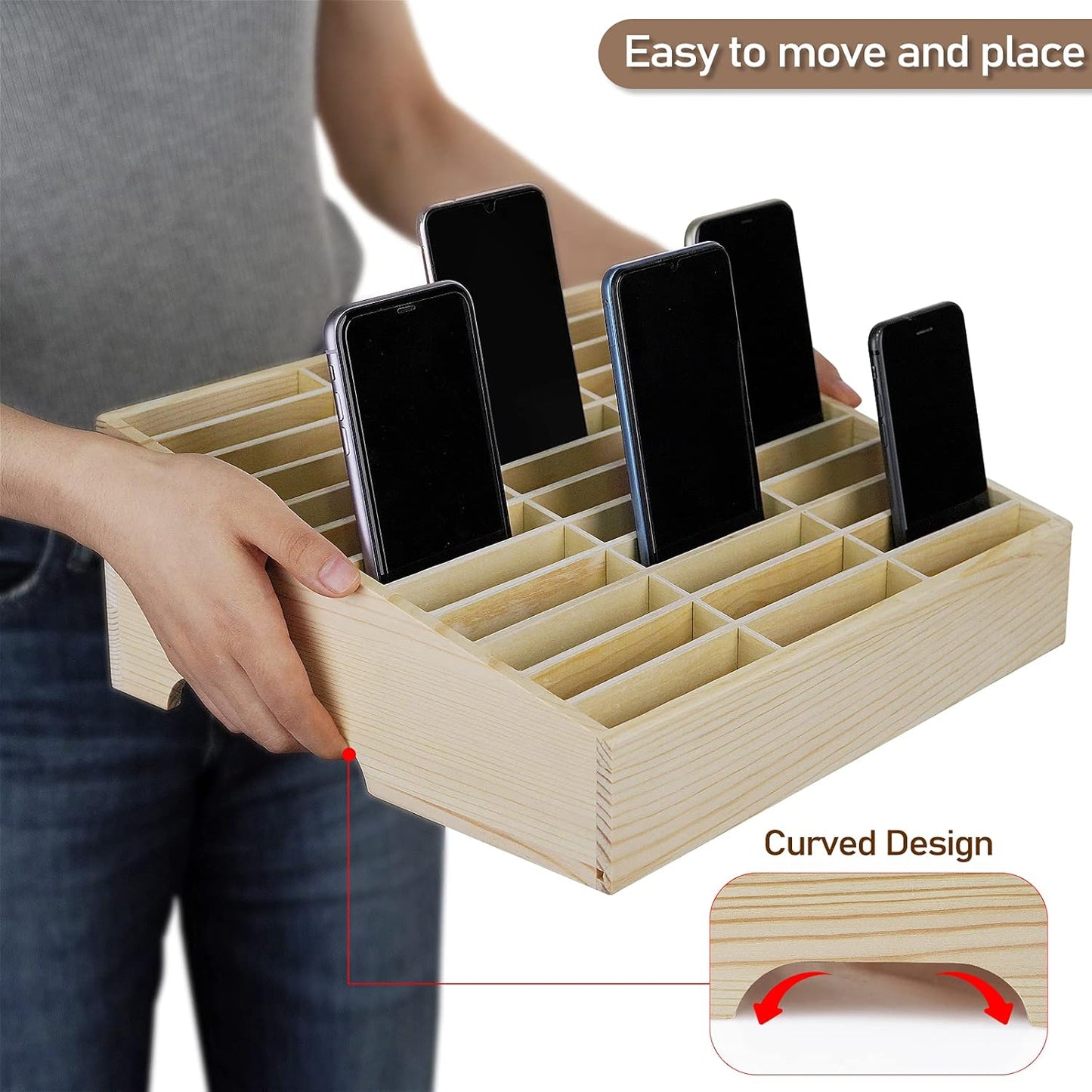 36-Grid Wooden Cell Phone Holder Desktop Organizer Storage Box for Classroom Office (36-Grid)