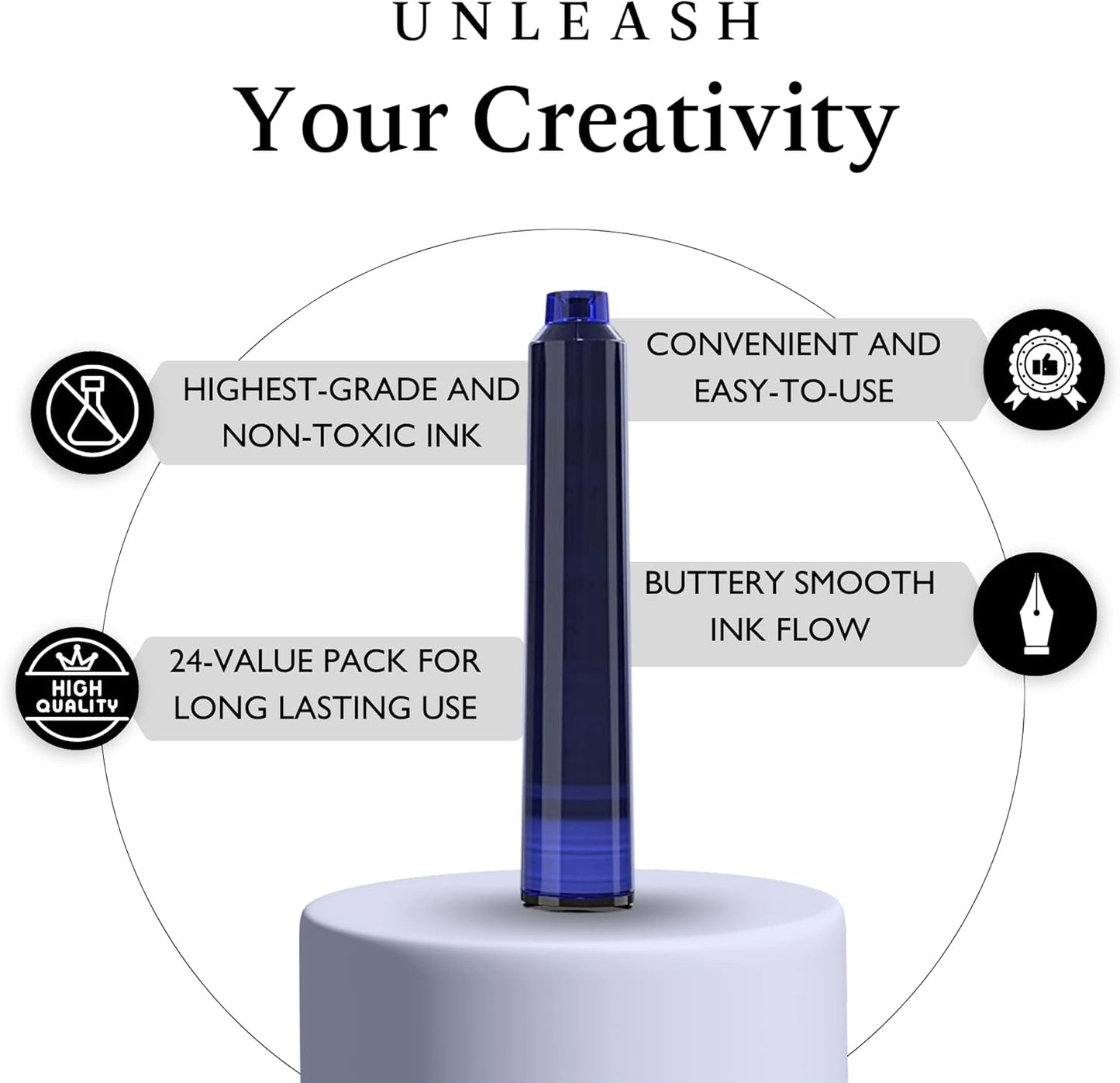 Blue & Black Fountain Pen Ink Refills 24 Pack - International Standard Size Cartridges - Ink For Fountain Pen - Premium Quality & Non-Toxic, Long-Lasting & Waterproof Ink, Dries Quickly