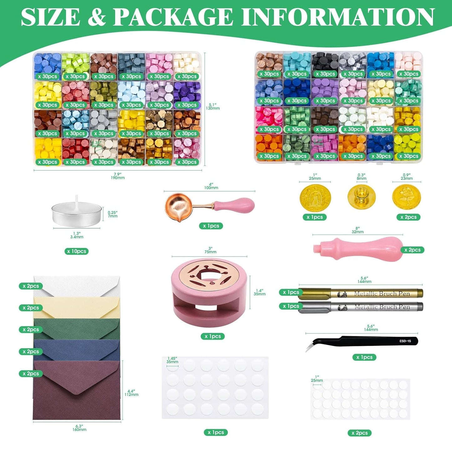 1551Pcs Wax Seal Stamp Kit Contains 48 Colors Sealing Wax Beads, Wax Seal Stamps, Sealing Wax Warmer, Silicone Wax Seal Mat, Metallic Pen, Envelope for Adhesive Waxing DIY Craft Gift