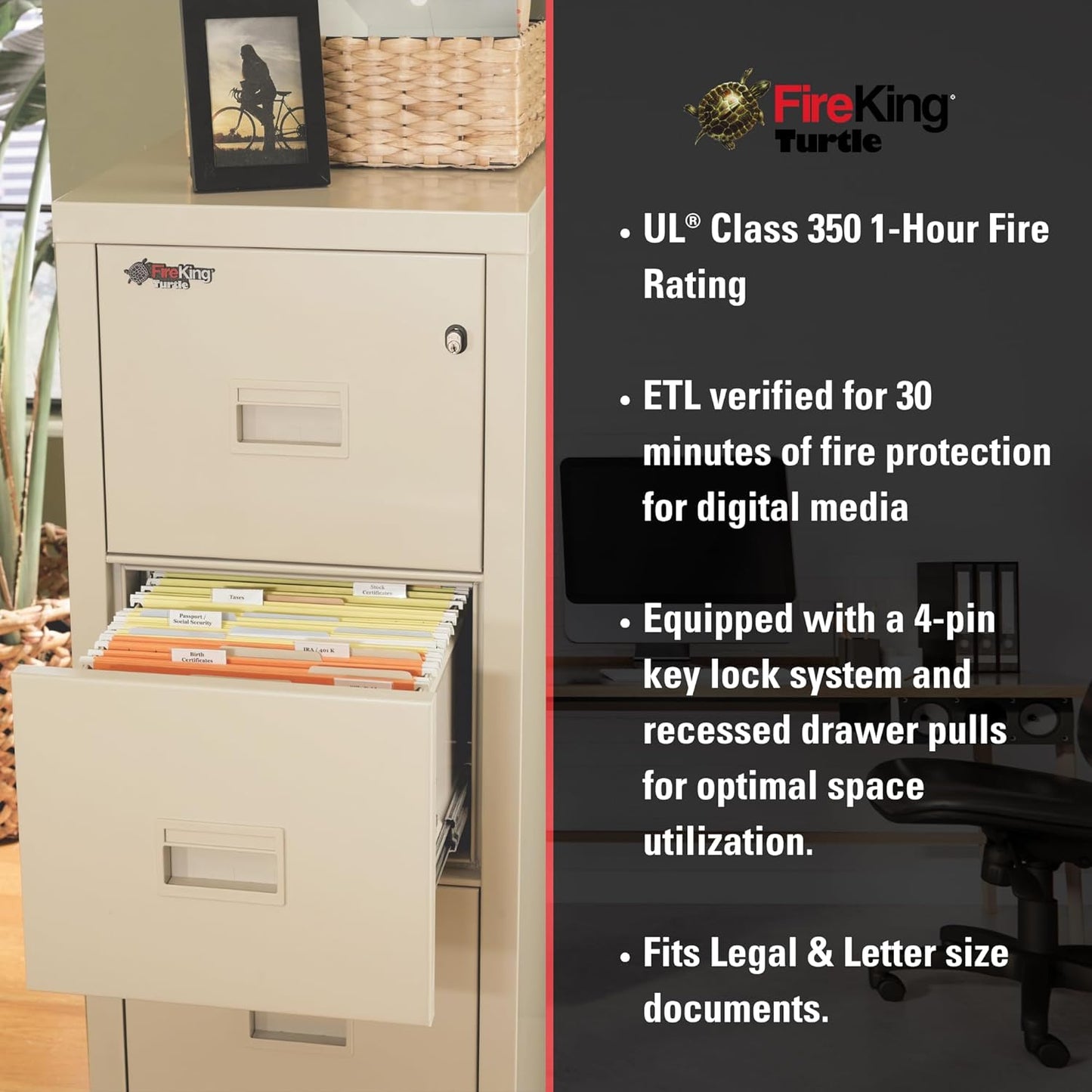 FireKing Turtle Vertical 2 Drawer Legal and Letter Fire Safe File Cabinet with Key Lock, 1 Hour Fire Rated, UL Rated & Water Resistant Home Safe, Filing Cabinet, Made in The USA, Black