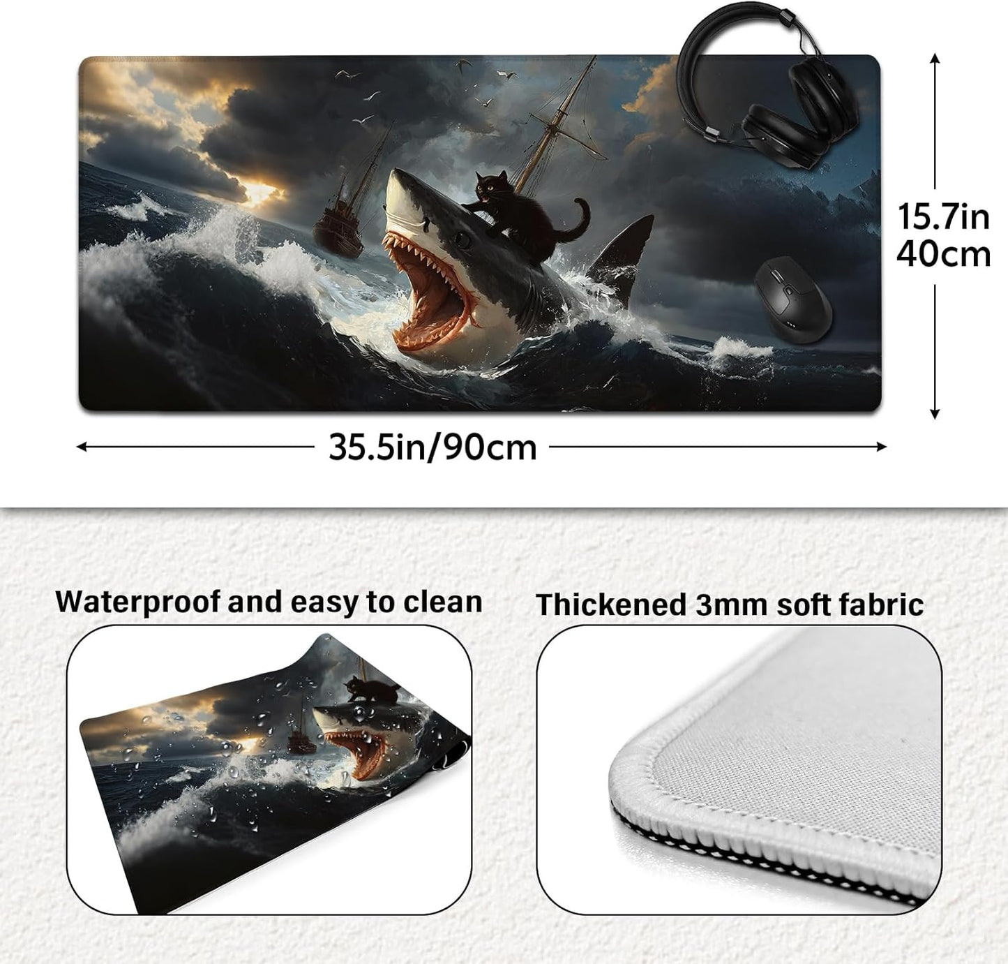 Funny Black Cat Mouse Pad, Abstract Quirky Cat and Shark Mousepad - Large Non-Slip Desk Mat for Office, PC & Laptop - 35.5"x15.7" x 3mm