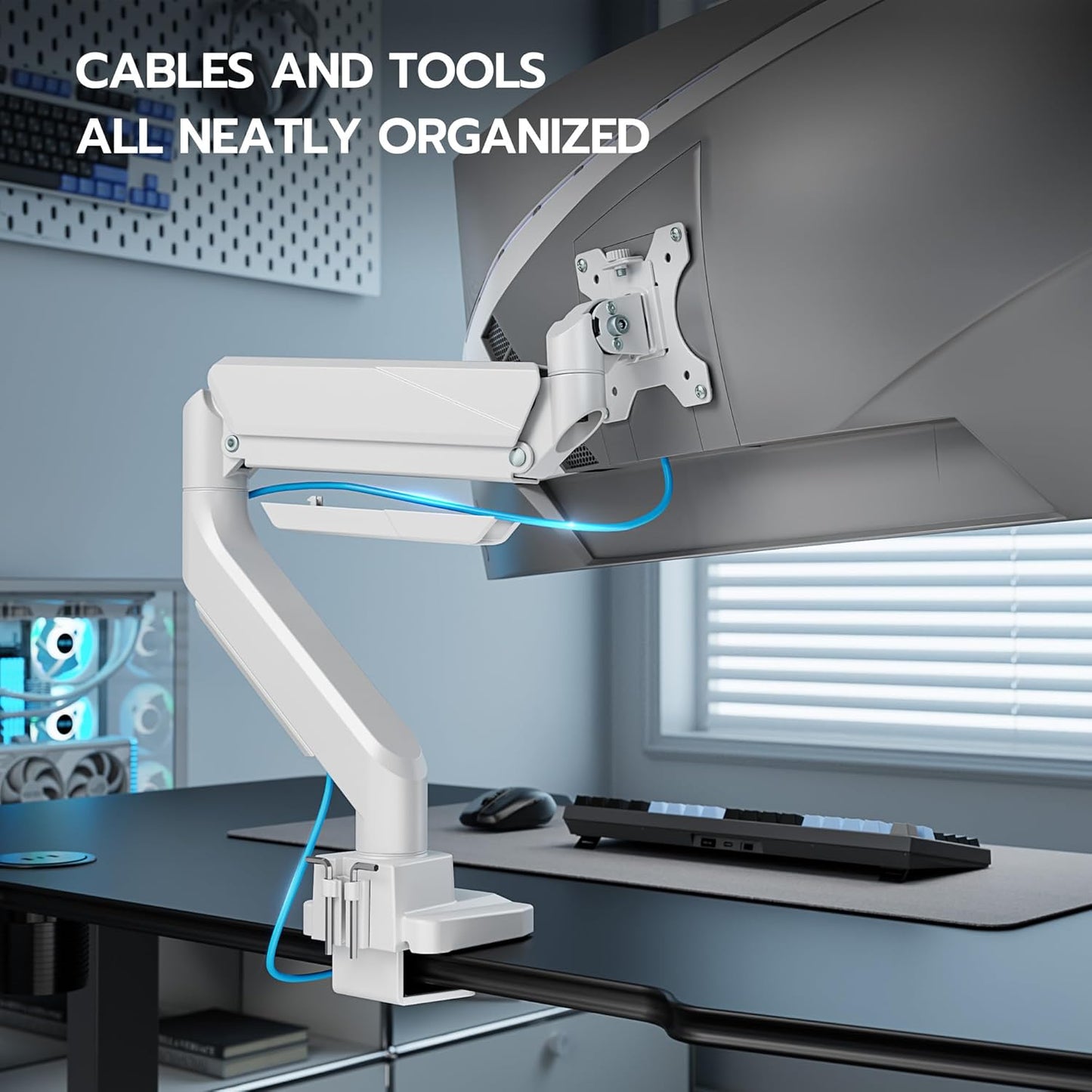 ARES WING Ultrawide Monitor Arm, Heavy Duty Single Monitor Mount for 13"-49" Curved Screens, Adjustable Stand for Desk with C-clamp & Grommet Base up to 40 LBS, White