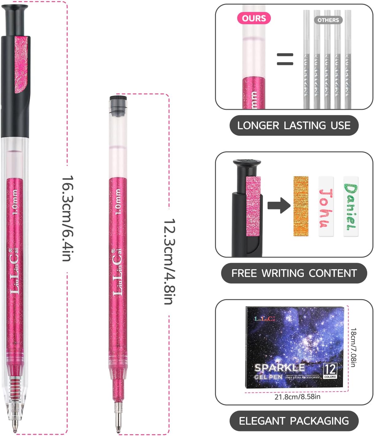 12 Colors Retractable Glitter Gel Pens, Metallic Vibrant Sparkle Gel Pens for Adult Coloring Books,Sparkle Glitter Pens for Drawing Writing Planner Journaling Doodling