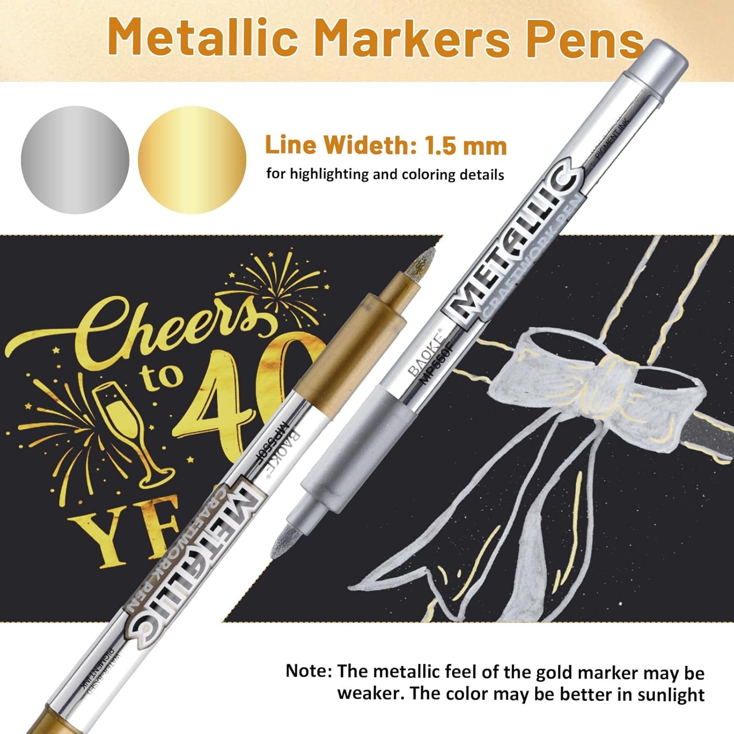 12 Pack Metallic Markers Pens, Water Based Silver & Gold Paint Pens, Gold & Silver Ink Pen with Durable Fine Point Tip for Black Paper, Rock Painting, Halloween Card Making, Multi Surface Art Crafts