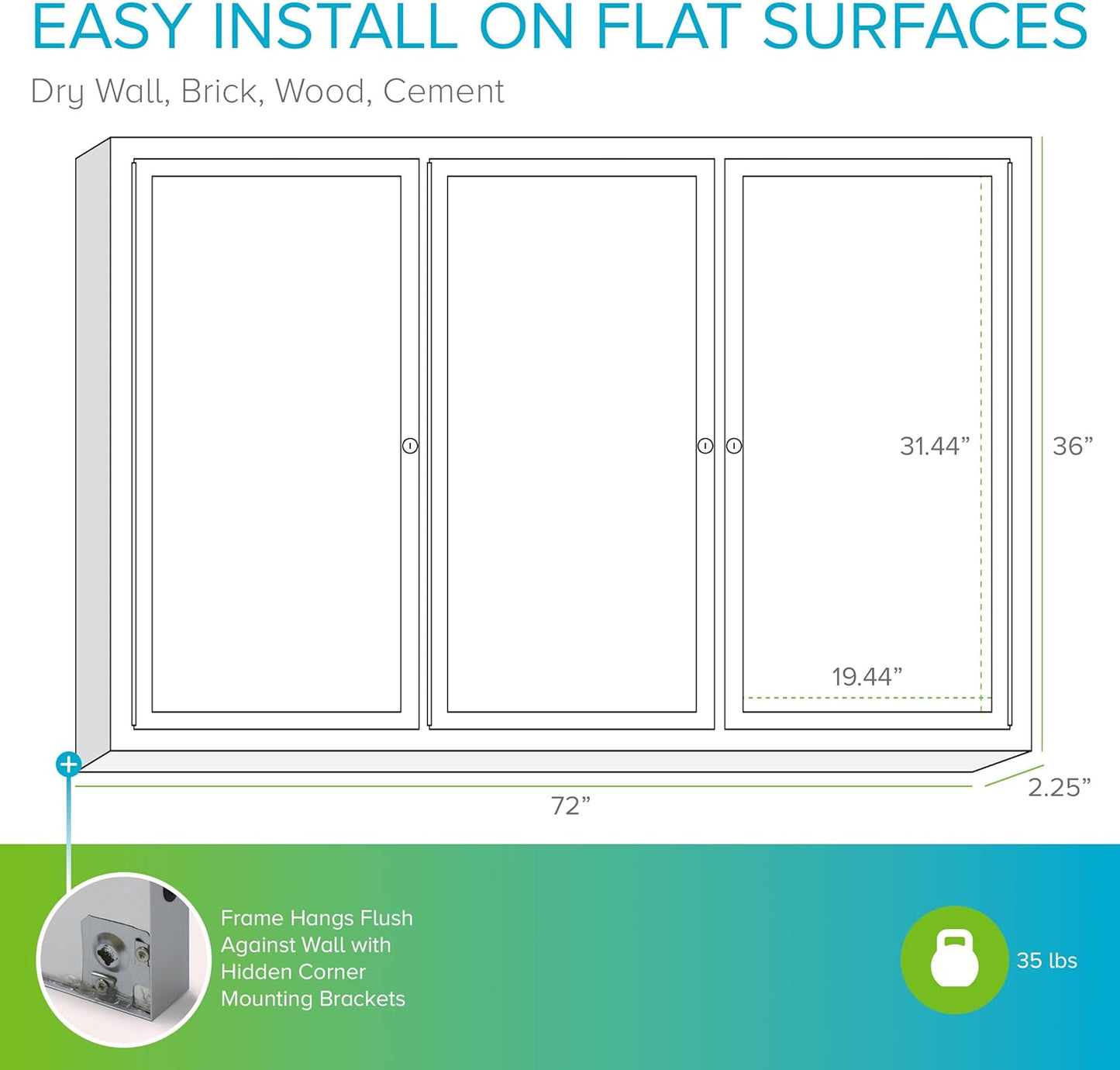 Ghent 36" x 72" 3-Door Outdoor Enclosed Bulletin Board with Lock, Vinyl Material, Shatter Resistant Acrylic Panels, Made in the USA, Satin Aluminum Frame - Caramel