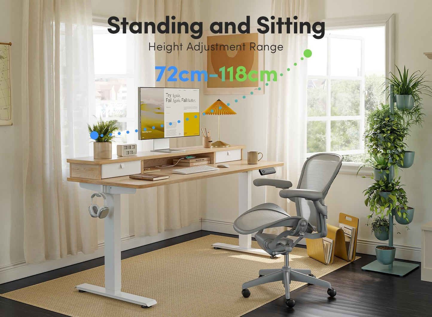 FEZIBO 40 x 24 Inch Height Adjustable Electric Standing Desk with Double Drawer, Computer Desk, Home Office Stand Up Table with 4 Height-Adjustable Feets & 2 Hooks, Maple