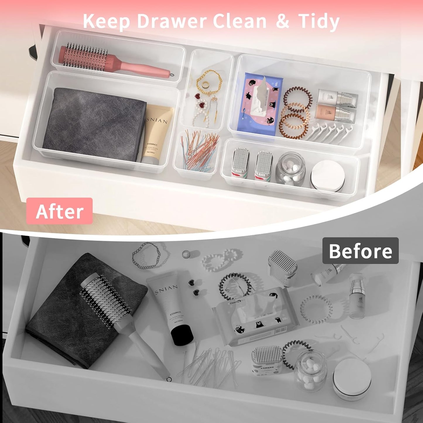 72 PCS Plastic Drawer Organizer Set, 4-Size Clear Bathroom and Vanity Desk Drawer Organizer Trays, Non-Slip Versatile Storage Divider Bins for Makeup Jewelry Bedroom Office Kitchen Gadgets