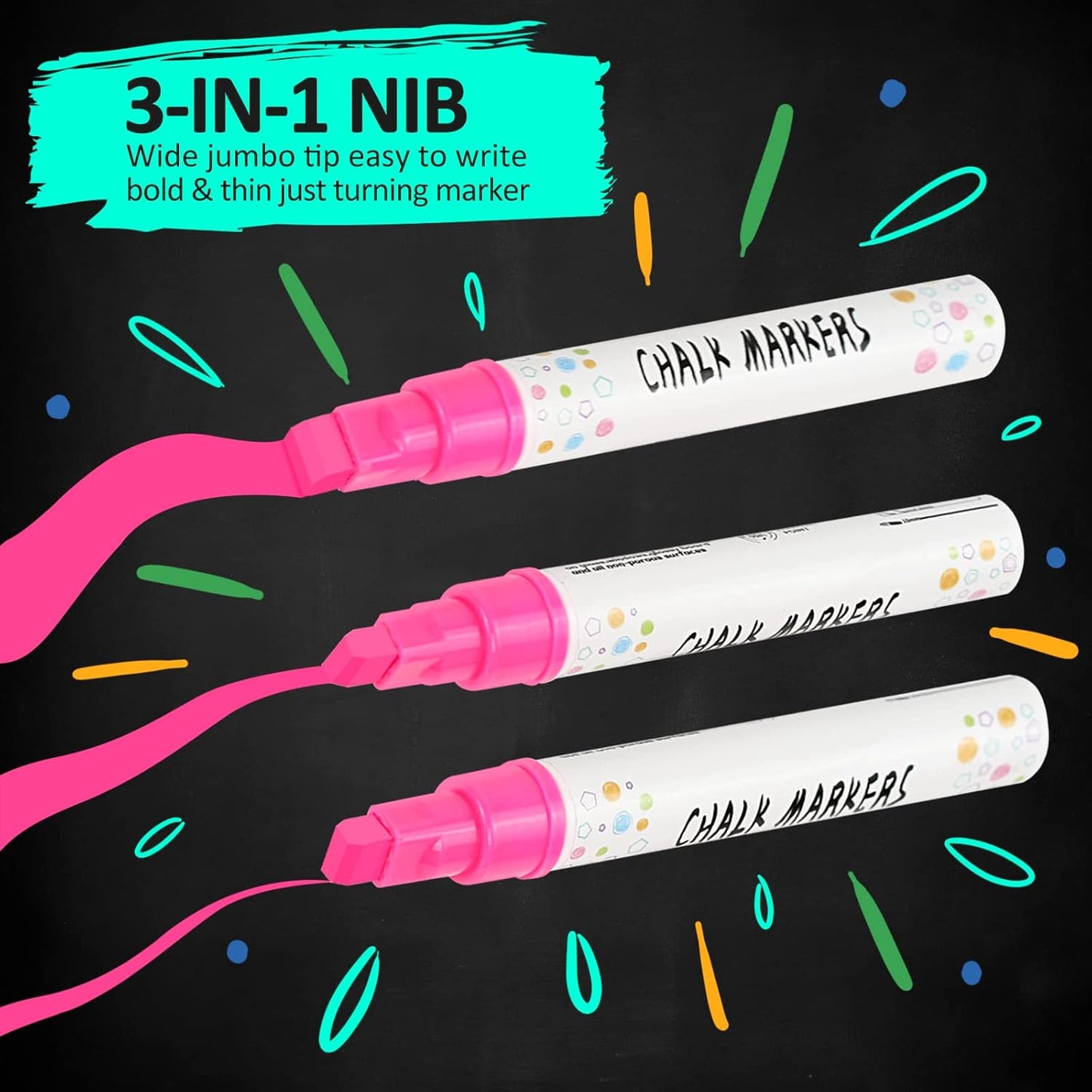 Anyo 12 Pack Window Markers for Cars, Liquid Chalk Markers with 10mm 3 in 1 Nib Wide Tip, Metallic & Neon Color Wet Erase Window Paint for Glass Washable, Glass, Mirror, Blackboard, Bistro, Menus