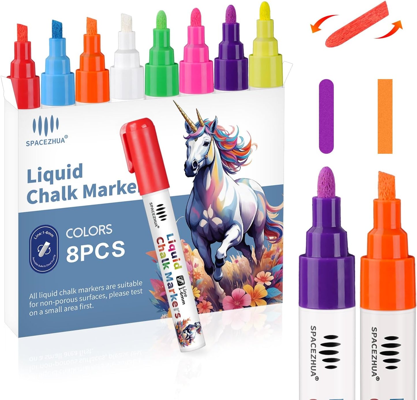 Chalk Markers for Blackboard 8 Vibrant Colors, 6mm Reversible Bullet & Chisel Tips, Chalk Pens Wet & Dry Erasable Markers for Whiteboard, Chalkboard, Calendar, Windows, Glass, Signs